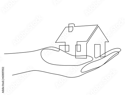 hand holding model house one line drawing minimalist concept