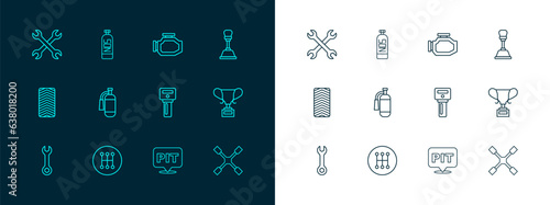 Set line Gear shifter, Car key with remote, Pit stop, Fire extinguisher, Check engine, Wrench spanner and Nitrous oxide icon. Vector