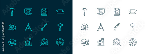 Set line Blacksmith anvil tool, Smithy workshop interior, Welding torch, oven, Air blower bellows, Hammer and icon. Vector