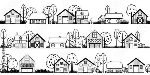 neighborhood silhouette houses and barn outline panoramic landscape vector illustration
