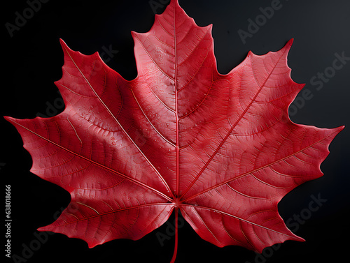 Red maple leaf isolated on black background. Generative AI