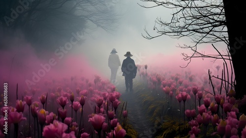 Two silhouettes of people walking in a field of flowers in the fog in spring. Beauty of nature veiled by spring mist. Spring flowers. photo
