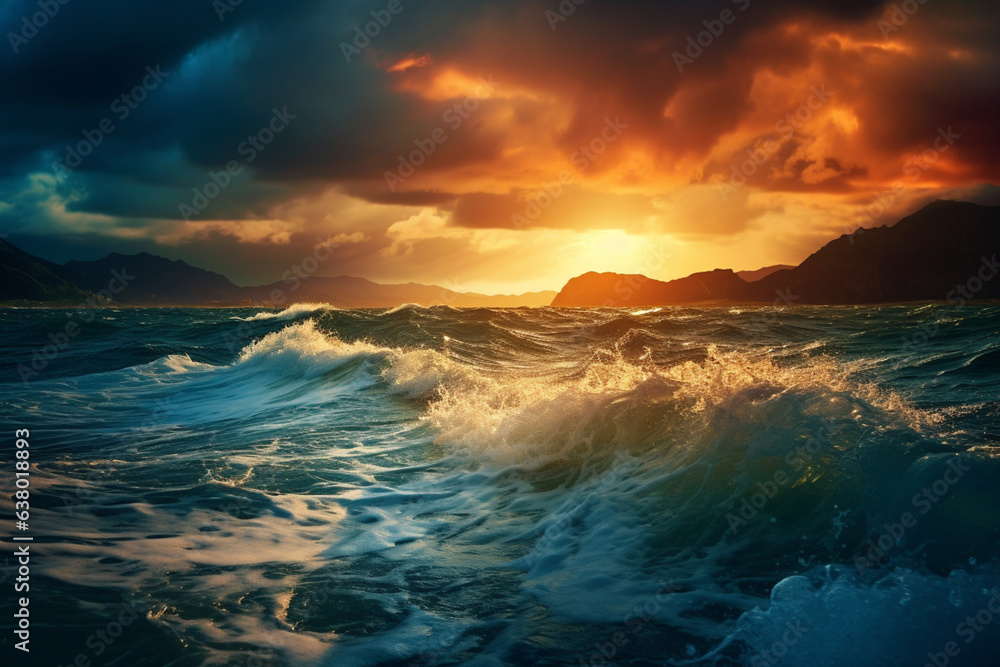 Obraz premium Sea Storm view, waves with foam in storm, seascape, sea or ocean under dark blue clouds, turquoise colour of water. Mountains coastline. Big Waves.