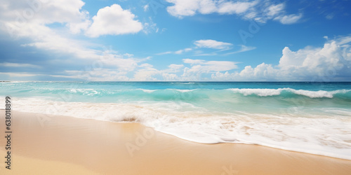 Tropical beach panorama view, coastline with palms, Caribbean sea in sunny day, summer time, Tropical seascape with Palm trees, turquoise sea or ocean under sky with white clouds. 