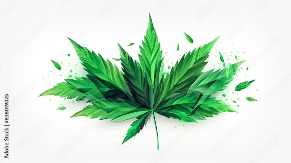 Fototapeta premium Green realistic cannabis leaf isolated on a white background, generative AI.
