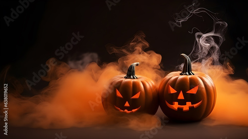 Halloween card. jack o lantern with candles glow inside pumpkins on a smoky black background. Generative AI 