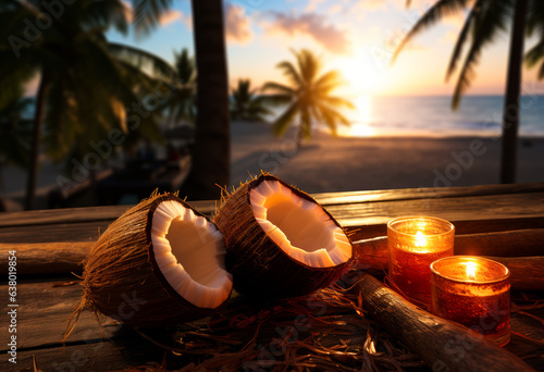 Three coconuts are sitting on a wooden table. Coconuts and candles on a wooden table with a sunset in the background
