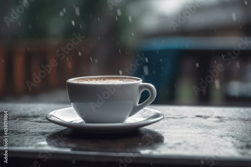 A cup of coffee, on a table with the background of the city. Generative AI.