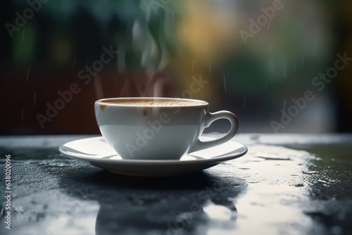 A cup of coffee  on a table with the background of the city. Generative AI.