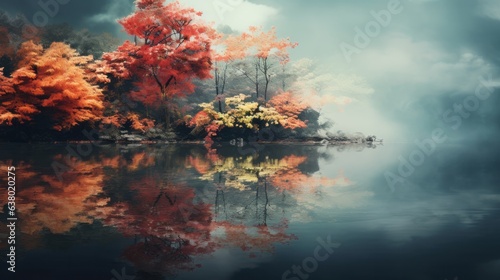 Photo of a serene lake landscape with lush autumn trees