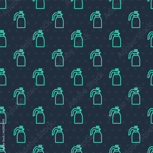Green line Garden sprayer for water, fertilizer, chemicals icon isolated seamless pattern on blue background. Vector
