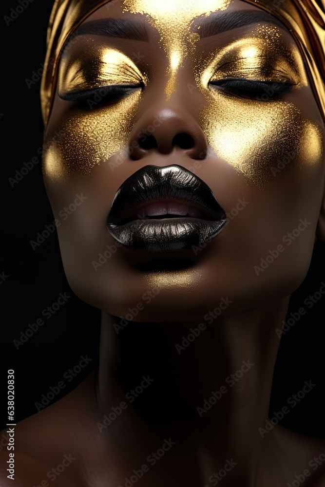 Face of black model with gold colors, image for graphic resources, flyers, posters, fashion