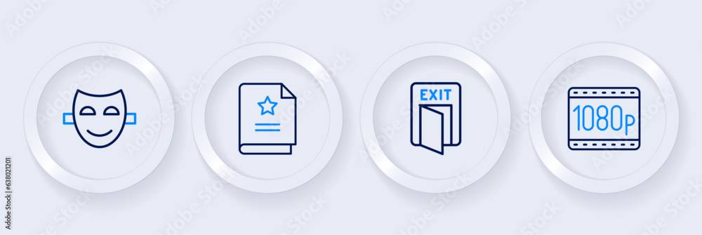 Set line Full HD 1080p, Fire exit, Scenario and Comedy theatrical mask icon. Vector Set line Full HD 1080p, Fire exit, Scenario and Comedy theatrical mask icon. Vector