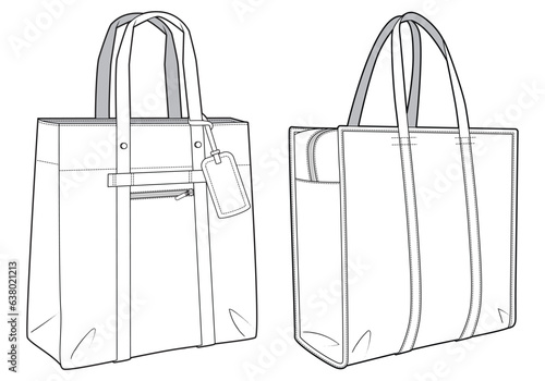 Tote bag flat sketch fashion illustration drawing template mock up, Canvas tote bag cad drawing. Carry bag flat sketch vector