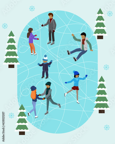 Winter ice staking rink sports young happy people family activity. Mom dad son boy girl skaters fir tree. Friends at ice-skating outdoor rink merry christmas new year winter holidays concept