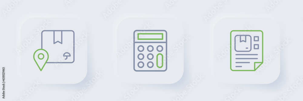 Set line Waybill, Calculator and Location with cardboard box icon. Vector Set line Waybill, Calculator and Location with cardboard box icon. Vector