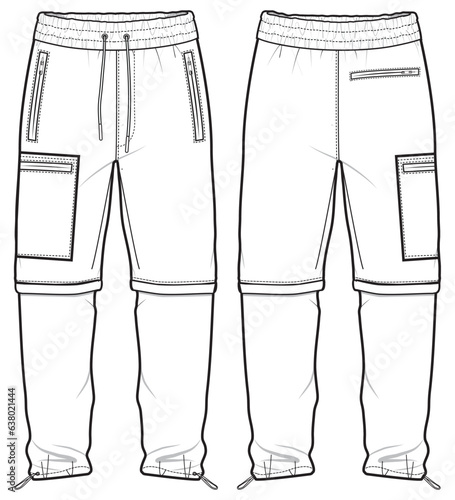 Trail pants bottom flat sketch fashion illustration drawing with front and back view , Detachable Cargo bottom pants vector template