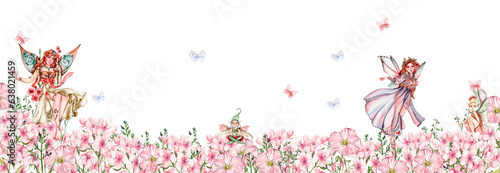 Floral seamless horizontal background. Watercolor illustration of a spring flowers.Perfect for for for wedding invitation, greetings card. © Leila