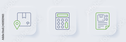 Set line Waybill, Calculator and Location with cardboard box icon. Vector