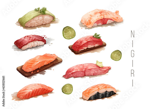 set of beautiful tasty japanese sushi seafood - watercolor hand drawn objects isolated on white background