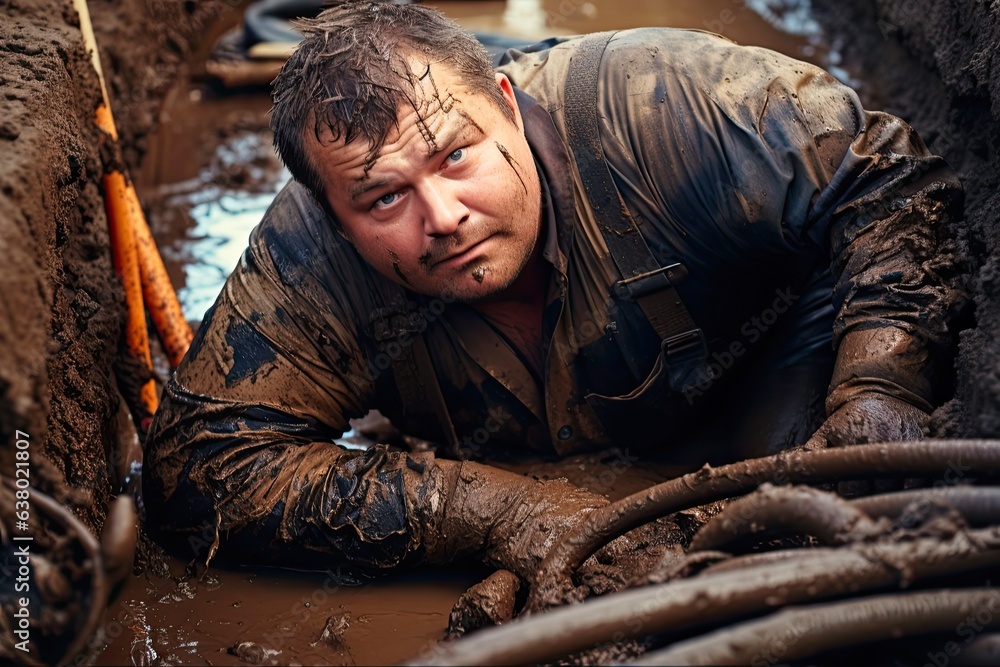 Man Digging Out Clogged Sewer Line Closeup. Ceramic Pipe Repairing