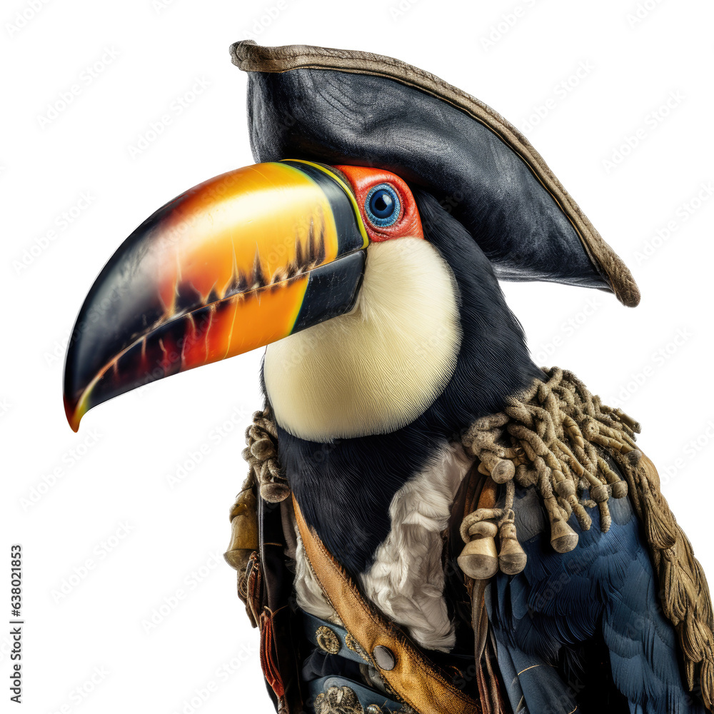 Obraz premium a Toucan in a General's military outfit in a Fun-themed, illustration in a PNG, cutout, and isolated. Generative ai
