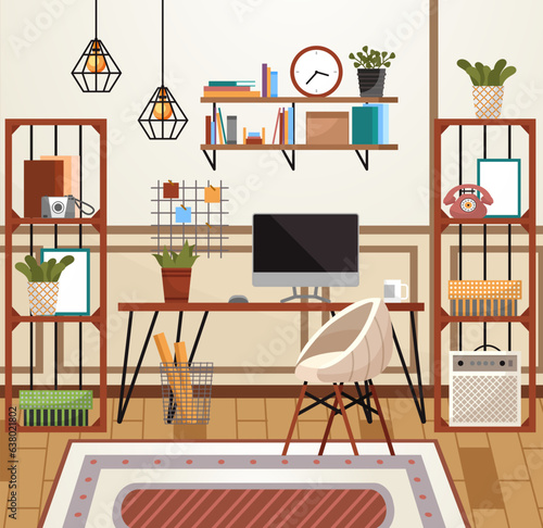 Home office interior. Vector illustration. Working at home, coworking space Working at home office Creative office desktop workspace Empty workplace, Desk chair computer workspace office No people