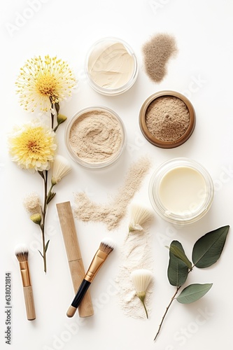 Natural Beauty Essentials Flat Lay. Top View of Skin Care Products for a Spa Day - Face Mask, Clay, Essential Oil, Vitamin A, Massage Tools and More: Generative AI