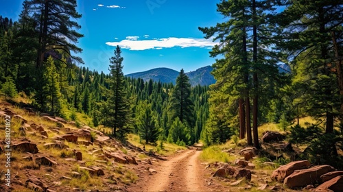 Off Road Trail Adventure Amongst the Pine Tree Forest in Colorado. Hiking, Mountain Biking and Nature Exploring in Summer. Generative AI