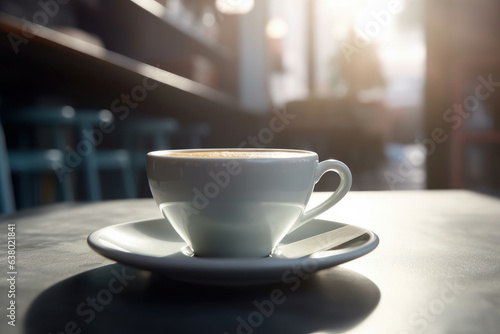 A cup of coffee, on a table with the background of the city. Generative AI.