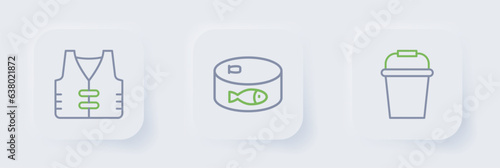 Set line Fishing bucket, Canned fish and jacket icon. Vector