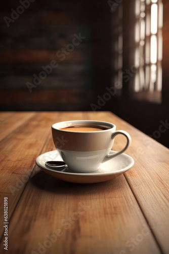 Illustration of a cup of coffee, with the background of the interior blurred. Generative AI.