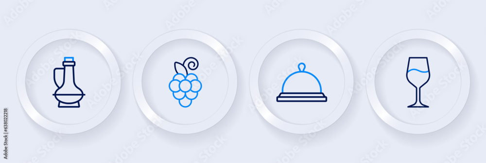 Set line Wine glass, Covered with tray of food, Grape fruit and Bottle olive oil icon. Vector Set line Wine glass, Covered with tray of food, Grape fruit and Bottle olive oil icon. Vector