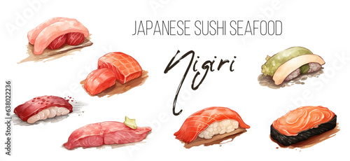 set of beautiful tasty japanese sushi seafood - watercolor hand drawn objects isolated on white background