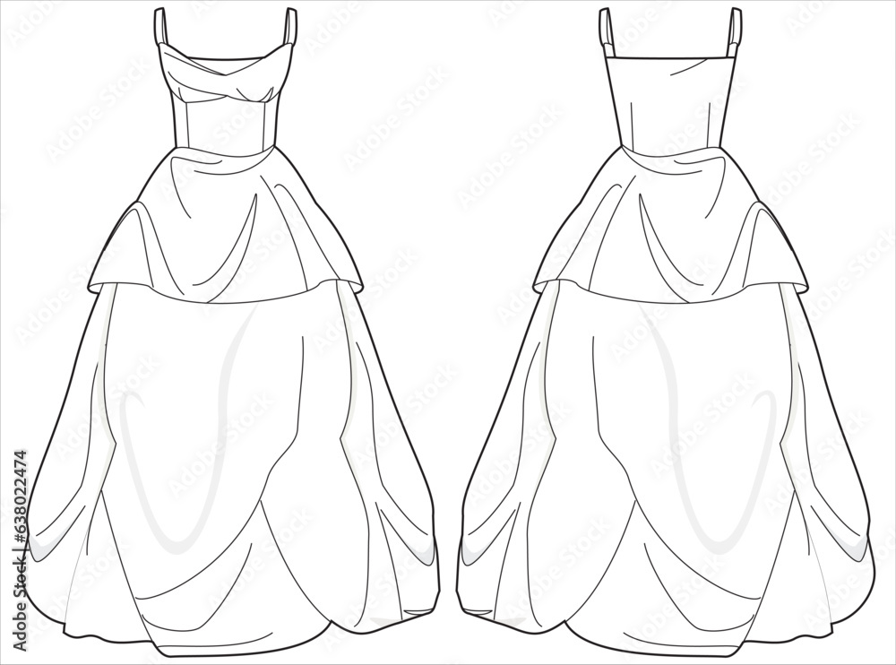 Bubble ball gown wedding dress design flat sketch fashion illustration with front and back view, Spaghetti Strapped draped bridal dress flat sketch cad drawing template Bubble ball gown wedding dress design flat sketch fashion illustration with front and back view, Spaghetti Strapped draped bridal dress flat sketch cad drawing template