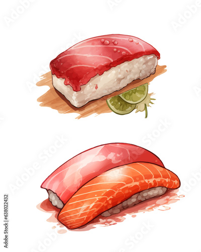 set of beautiful tasty japanese sushi seafood - watercolor hand drawn objects isolated on white background