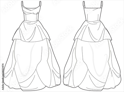 Bubble ball gown wedding dress design flat sketch fashion illustration with front and back view, Spaghetti Strapped draped bridal dress flat sketch cad drawing template