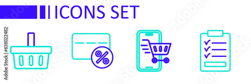 Set line Clipboard with checklist, Mobile shopping cart, Discount card percent and Shopping basket icon. Vector