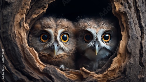 Two owls perched inside a tree hollow