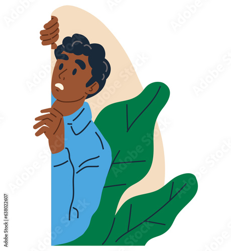Spying, observing and sneaking. Vector illustration. Peeking person, hidden watcher treading on line of visibility Spy, master of disguise, seamlessly blending into background Sneaking secret, covert