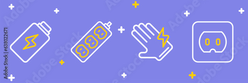 Set line Electrical outlet, glove, extension and Battery charge icon. Vector