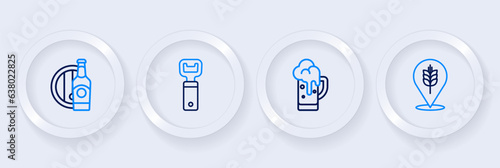 Set line Wheat, Glass of beer, Bottle opener and Beer bottle and wooden barrel icon. Vector