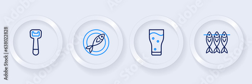 Set line Dried fish, Glass of beer, and Bottle opener icon. Vector
