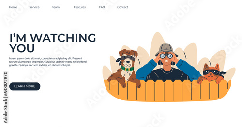Funny detective character looking through binoculars from bush, spying, monitoring and searching cartoon vector inspector on observation isolated on white. Private detective landing page template