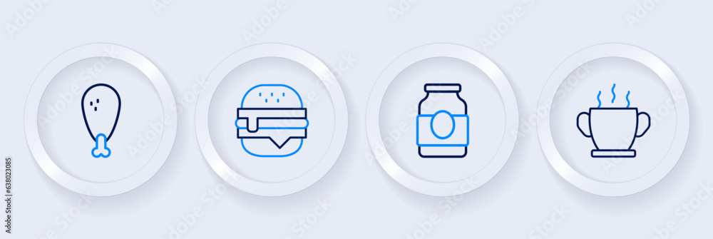 Set line Bowl of hot soup, Jam jar, Burger and Chicken leg icon. Vector Set line Bowl of hot soup, Jam jar, Burger and Chicken leg icon. Vector