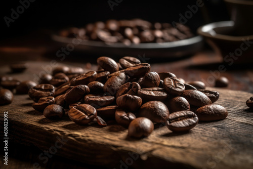 Coffee beans, on dark background. Generative AI.