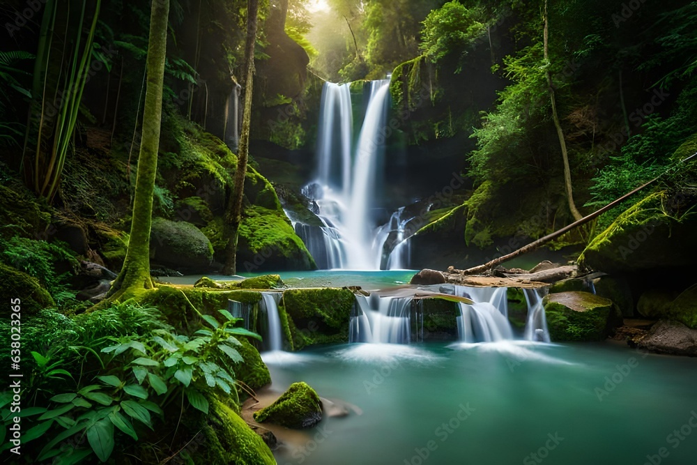 Vibrant jungle waterfall surrounded by lush vegetation generated by AI tool - obrazy, fototapety, plakaty 