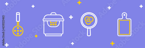 Set line Cutting board, Fried eggs on frying pan, Slow cooker and Spatula icon. Vector