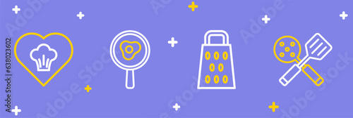 Set line Spatula, Grater, Fried eggs on frying pan and Chef hat icon. Vector