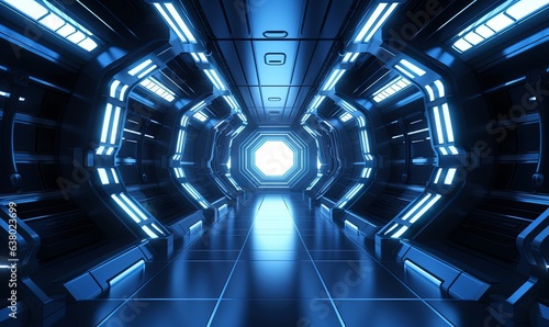 Science background fiction interior rendering sci-fi spaceship corridors blue light, Generative AI 